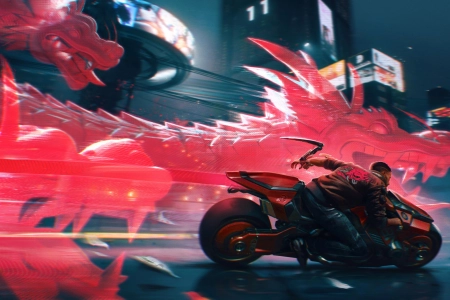 网络 赛博朋克 赛博朋克 龙 摩托车 夜  电脑壁纸 4K壁纸 3840x2160