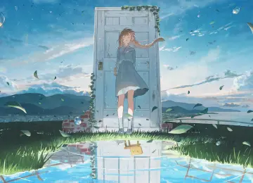 黑发 动漫 动漫女孩 插图 连衣裙 天空 草 水 树叶  电脑壁纸 4K壁纸  4800x2700