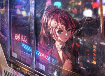 马尾辫 蓝眼睛 动漫女孩 城市灯光 雨 窗户  电脑壁纸 4K壁纸  3840x2160