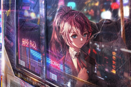 马尾辫 蓝眼睛 动漫女孩 城市灯光 雨 窗户  电脑壁纸 4K壁纸 3840x2160