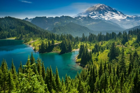 自然 尤尼斯湖 森林 山脉 湖泊 风景 树木 水 雪峰 华盛顿州  电脑壁纸 4K壁纸 3840x2560