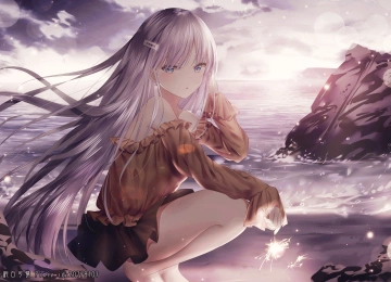 长发 蓝眼睛 赤脚 蹲着 动漫 动漫女孩 海滩 银发  4K壁纸  4000x2500