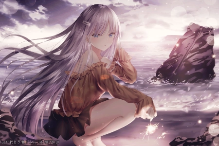 长发 蓝眼睛 赤脚 蹲着 动漫 动漫女孩 海滩 银发  4K壁纸 4000x2500