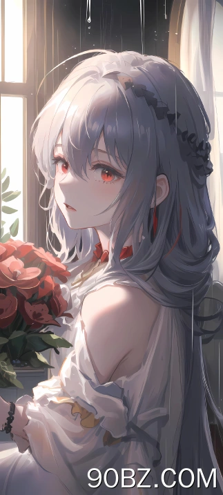 红眼睛 长发 动漫 动漫女孩 鲜花 灰发 艺术 手机壁纸 4K壁纸