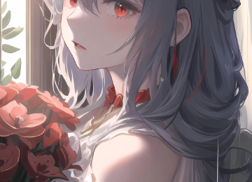 红眼睛 长发 动漫 动漫女孩 鲜花 灰发 艺术 手机壁纸 4K壁纸  4320x9580