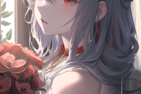 红眼睛 长发 动漫 动漫女孩 鲜花 灰发 艺术 手机壁纸 4K壁纸 4320x9580