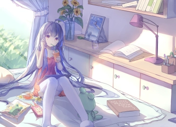 大腿 长发 动漫 动漫女孩 房间 室内 星尘  电脑壁纸 4K壁纸  3840x2160