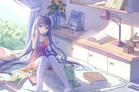 大腿 长发 动漫 动漫女孩 房间 室内 星尘  电脑壁纸 4K壁纸 3840x2160