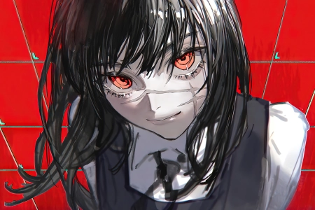 红眼睛 微笑 电锯人 伤疤 黑发 校服 红色背景 动漫 女孩 三高浅草 4K壁纸 3840x2160