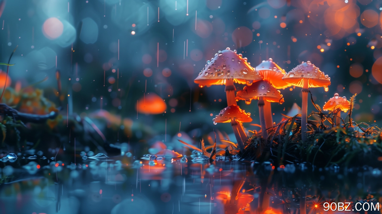 蘑菇 雨 发光 蓝色 电脑壁纸 4K壁纸