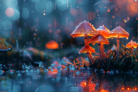 蘑菇 雨 发光 蓝色 电脑壁纸 4K壁纸 5824x3264