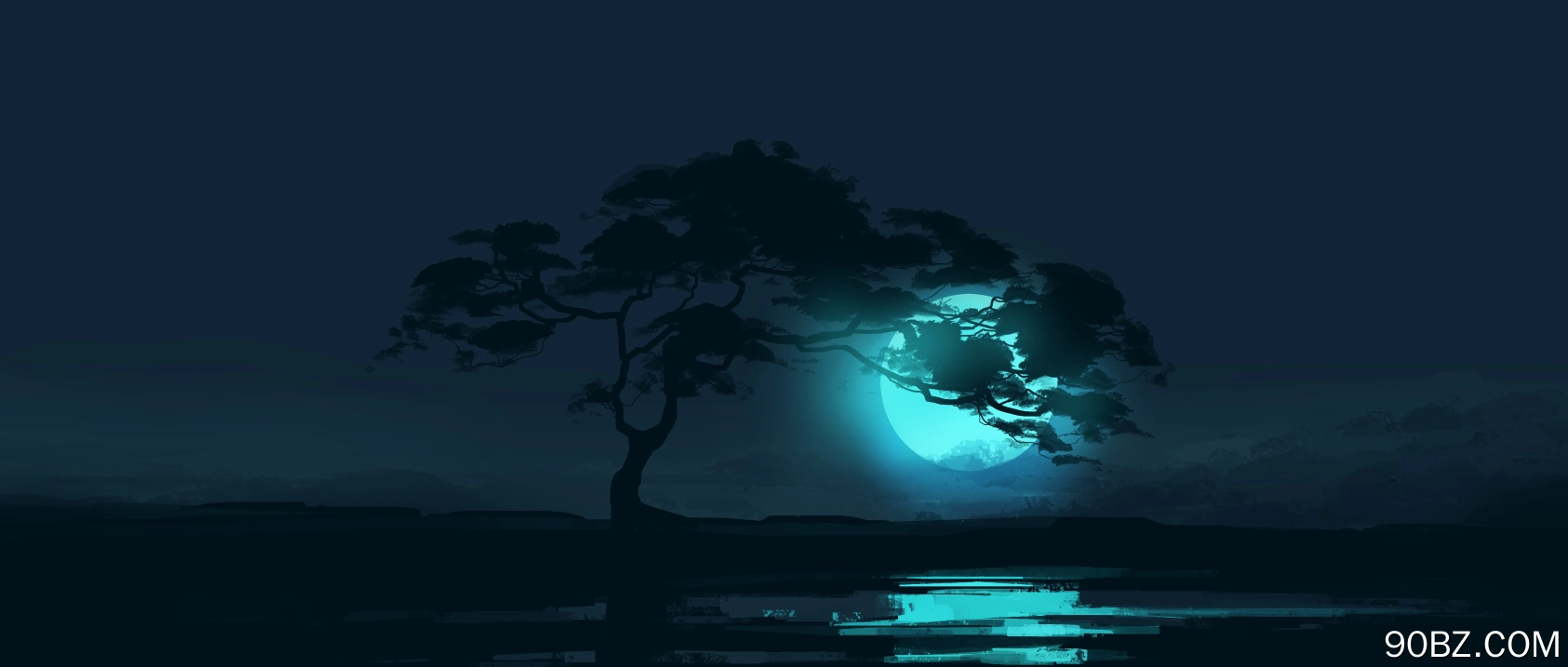  树木 风景 夜晚 月亮 月光 反射 极简主义 空间 稀树草原  电脑壁纸 4K壁纸