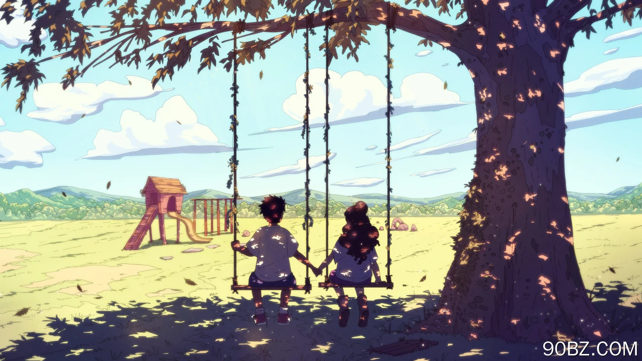 儿童 手牵手  AI艺术 奇幻艺术 秋千 树木 云 自然  电脑壁纸 4K壁纸