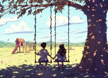 儿童 手牵手  AI艺术 奇幻艺术 秋千 树木 云 自然  电脑壁纸 4K壁纸  3840x2160