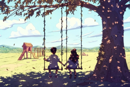 儿童 手牵手  AI艺术 奇幻艺术 秋千 树木 云 自然  电脑壁纸 4K壁纸 3840x2160
