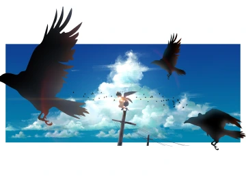 天空 乌鸦 云 翅膀 动漫 女孩 电线杆 高处 4K壁纸  6604x3100