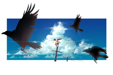 天空 乌鸦 云 翅膀 动漫 女孩 电线杆 高处 4K壁纸 6604x3100