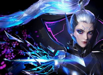 女人 马尾辫 蓝眼睛 英雄联盟 半机械人 肖像 发光眼睛 花瓣 粉色 蓝色 4K壁纸  3840x2367