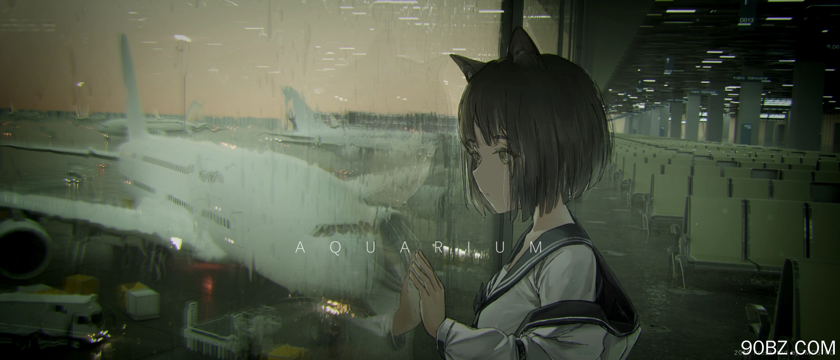 动漫 女孩 雨 猫耳朵 机场 玻璃 眺望 4K壁纸