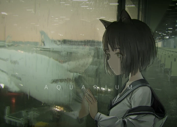 动漫 女孩 雨 猫耳朵 机场 玻璃 眺望 4K壁纸  5040x2160