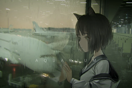 动漫 女孩 雨 猫耳朵 机场 玻璃 眺望 4K壁纸 5040x2160