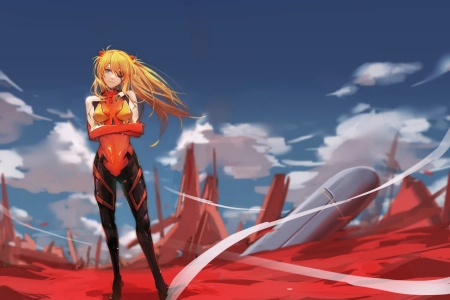 长发 曲线 红发 霓虹创世纪福音 女郎 动漫女孩 云 明日香  动漫  电脑壁纸 4K壁纸 7541x5441