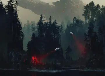 科幻 宇宙飞船 森林 树木 自然 探照灯 河流 AI艺术 数字绘画  电脑壁纸 4K壁纸  3840x2160