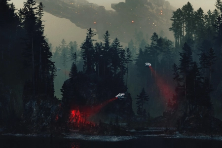 科幻 宇宙飞船 森林 树木 自然 探照灯 河流 AI艺术 数字绘画  电脑壁纸 4K壁纸 3840x2160