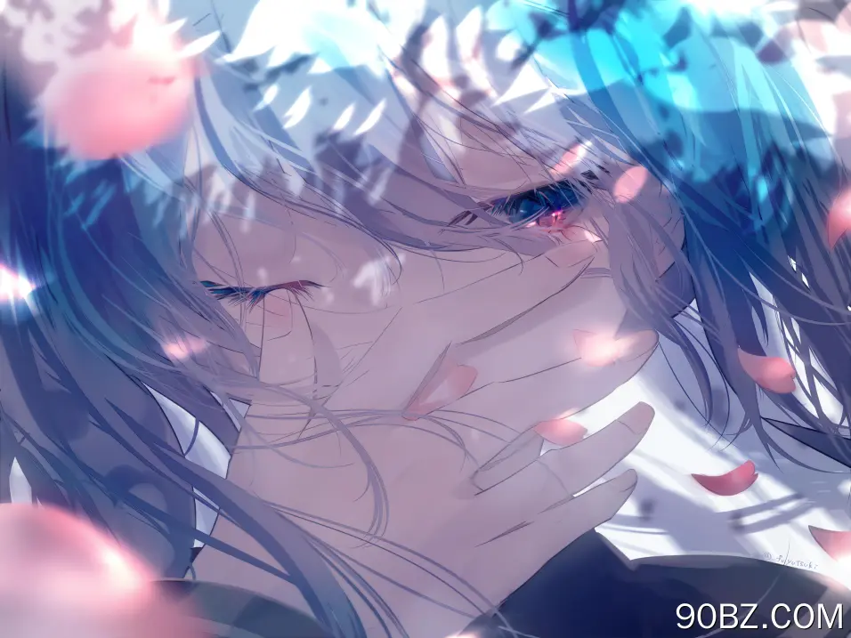 蓝头发 蓝眼睛 遮住 嘴巴 长发 脸 动漫 女孩 初音 元音 花瓣 4K壁纸