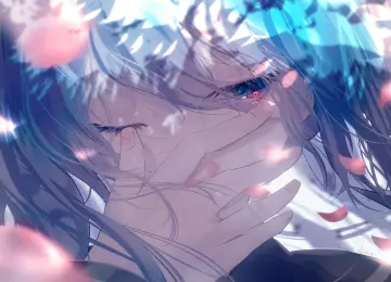 蓝头发 蓝眼睛 遮住 嘴巴 长发 脸 动漫 女孩 初音 元音 花瓣 4K壁纸  4000x3000