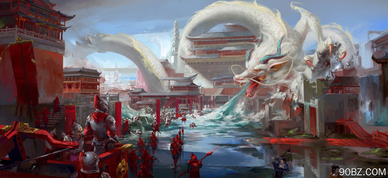 绘画 奇幻艺术 生物 龙 水 中国龙 古建筑 士兵 奇幻 龙王庙 8K壁纸