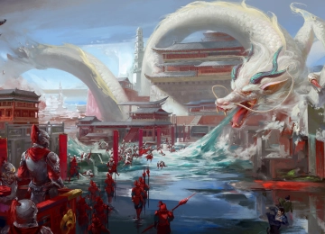绘画 奇幻艺术 生物 龙 水 中国龙 古建筑 士兵 奇幻 龙王庙 8K壁纸  8882x4073