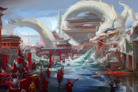 绘画 奇幻艺术 生物 龙 水 中国龙 古建筑 士兵 奇幻 龙王庙 8K壁纸 8882x4073