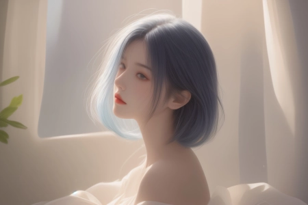 唯美 短发 女孩 绿色植物 屋内 4K壁纸 3840x2160