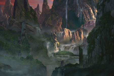 风景 瀑布 岩石 绘画 概念设计 艺术 电脑壁纸 4K壁纸 3840x2520