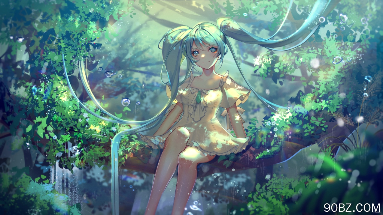长发 微笑 蓝头发 蓝眼睛 坐着 动漫 动漫女孩 小提琴 初音 双尾 阳光 水滴 签名  电脑壁纸 4K壁纸