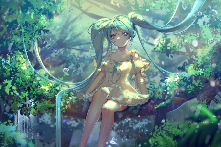 长发 微笑 蓝头发 蓝眼睛 坐着 动漫 动漫女孩 小提琴 初音 双尾 阳光 水滴 签名  电脑壁纸 4K壁纸 5291x2976