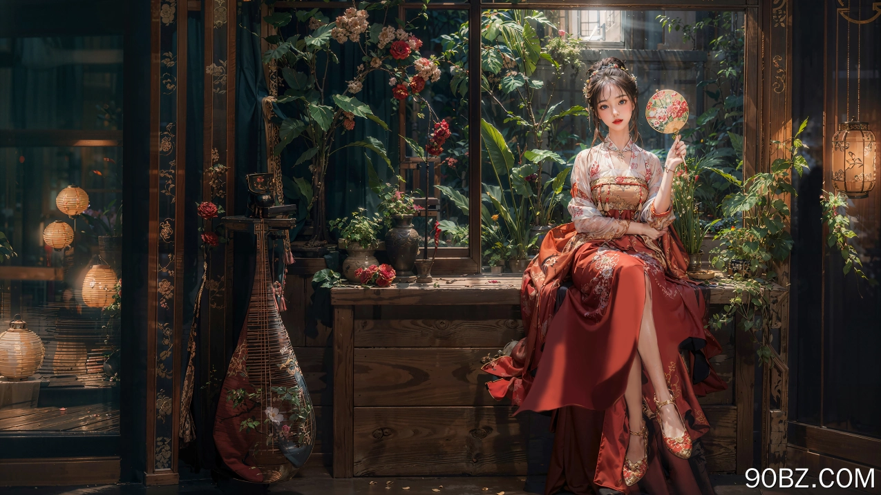古风 美女 扇子 红色裙子 室内 绿色植物 鲜花 团扇 灯笼 花田 花园 4K壁纸