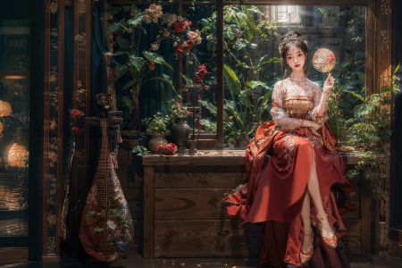 古风 美女 扇子 红色裙子 室内 绿色植物 鲜花 团扇 灯笼 花田 花园 4K壁纸 3840x2160