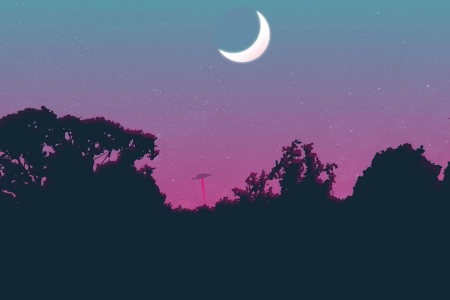 星夜 不明飞行物 树木 外星人入侵 AI艺术 月亮 剪影 4K壁纸 3840x2160