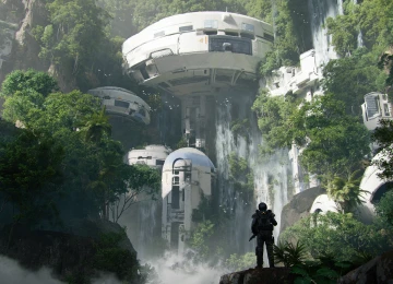 奇幻艺术 瀑布 森林 树木 建筑 未来主义 科幻 水  4K壁纸  3840x2160