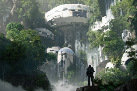 奇幻艺术 瀑布 森林 树木 建筑 未来主义 科幻 水  4K壁纸 3840x2160