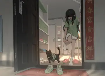 单腿站立 动漫 动漫女孩 猫 鞋子 袜子 电脑壁纸 4K壁纸  5189x2919