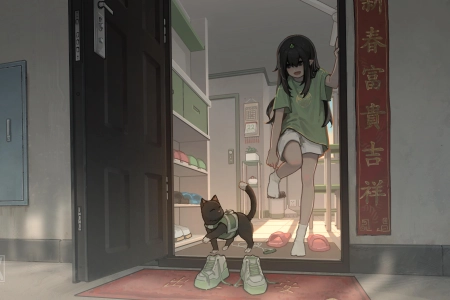 单腿站立 动漫 动漫女孩 猫 鞋子 袜子 电脑壁纸 4K壁纸 5189x2919