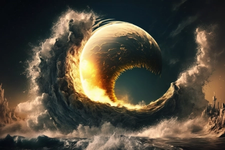 艺术 插图 月亮 波浪 碰撞 海 水 4K壁纸 4579x2616