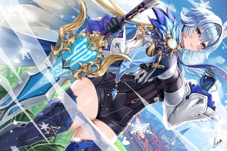 蓝头发 动漫 女孩 尤拉 原神 黄眼睛 剑 武器 4K壁纸 4000x2500
