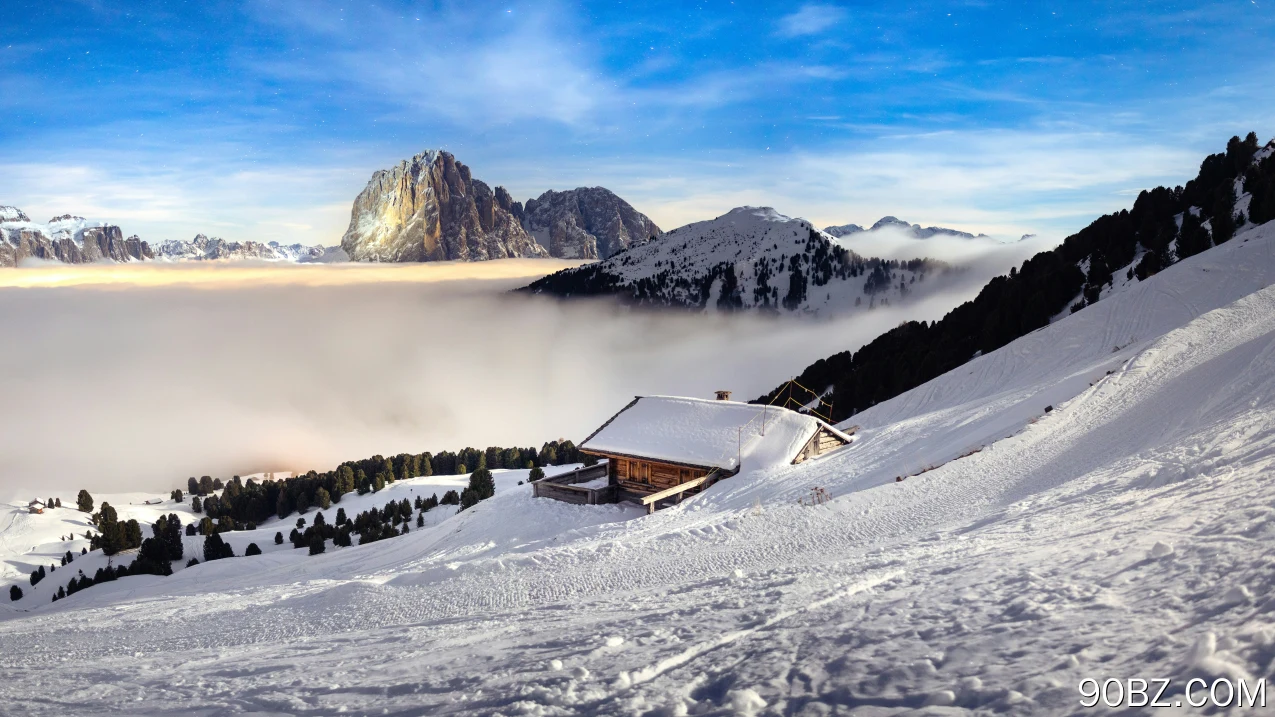 风景 天空 阳光 雪花 树木 森林 冬季 小屋 4K壁纸