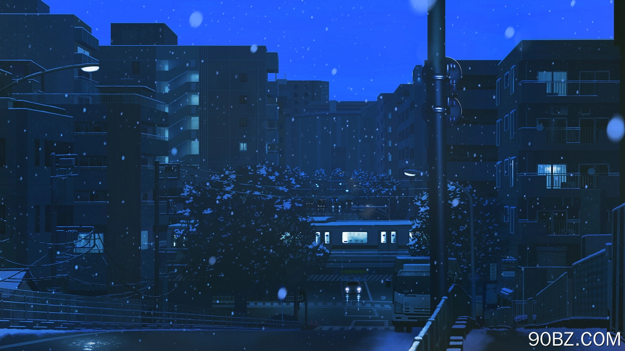 蓝色 夜晚 黄昏 前灯 公寓 路灯 下雪 人行道 电线 树木 城市 火车 桥梁 栏杆 忧郁 4K壁纸