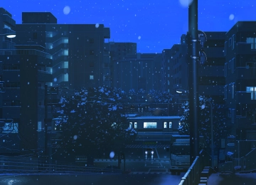 蓝色 夜晚 黄昏 前灯 公寓 路灯 下雪 人行道 电线 树木 城市 火车 桥梁 栏杆 忧郁 4K壁纸  3840x2160
