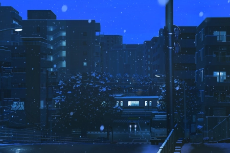 蓝色 夜晚 黄昏 前灯 公寓 路灯 下雪 人行道 电线 树木 城市 火车 桥梁 栏杆 忧郁 4K壁纸 3840x2160